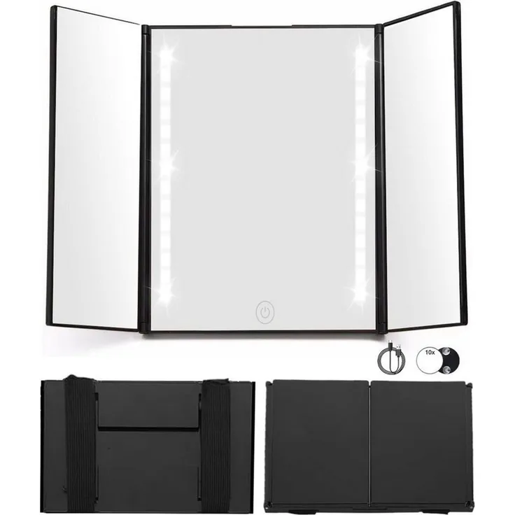 SinLaw LED-Lichtspiegel 360° Schminkspiegel,Drei Spiegel, Tragbarer Spiegel mit Licht, Schwarz, Mit LED-Verstellleuchte und Haken