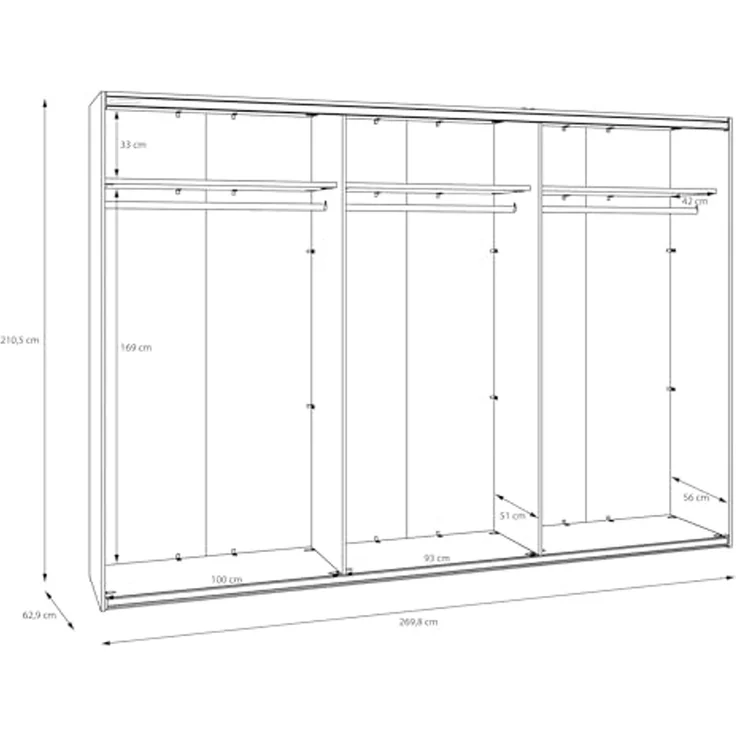 Forte SOPHISTISPACE Kleiderschrank 300, moderner Schwebetürenschrank, 3-türig, Einlegeböden, Kleiderstangen, Spiegel, Holzwerkstoff, Weiß/Weiß Glanz, 299,8 cm breit x 210,5 cm hoch x 62,9 cm tief – Bild 7