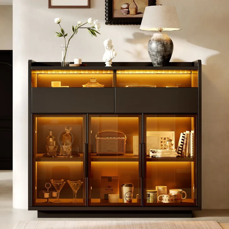 Flieks Sideboard mit LED-Beleuchtung, getöntem Sicherheitsglas, 2 Glasschubladen und mehrfarbiger, 100 x 40 x 91.5 cm, Schwarz