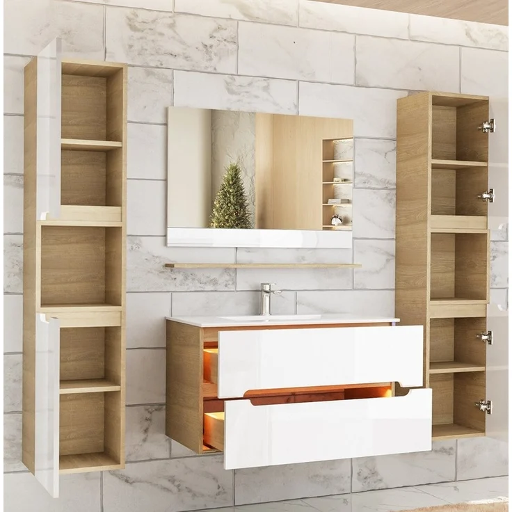 Badezimmermöbel Set 90 cm Weiß Hochglanz, Waschtisch, Spiegel & Unterschrank – Bild 2