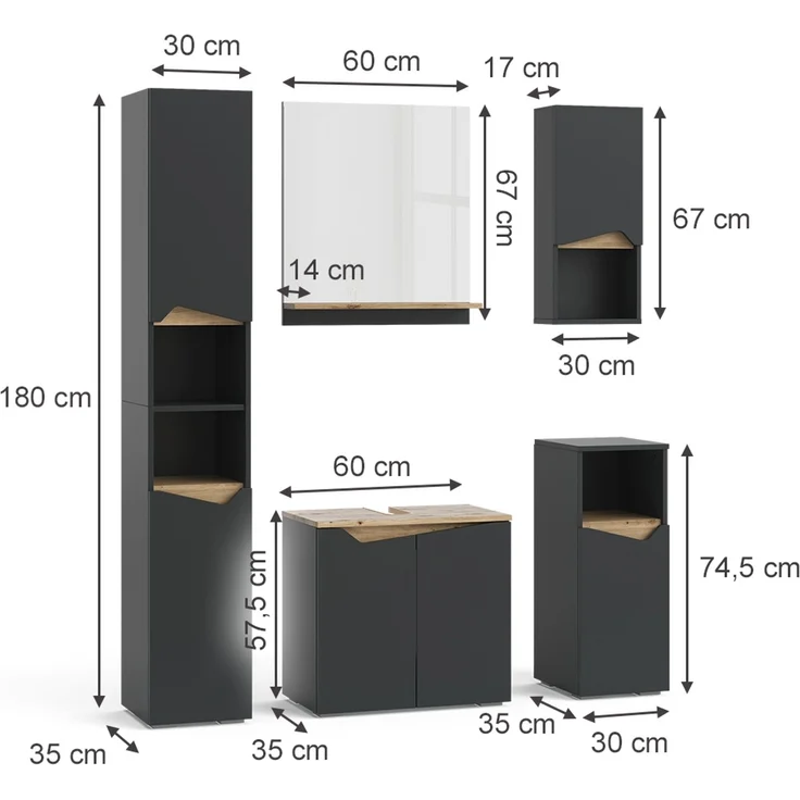 Badmöbel-Set Marelle Anthrazit 5 Teile Vicco – Bild 3