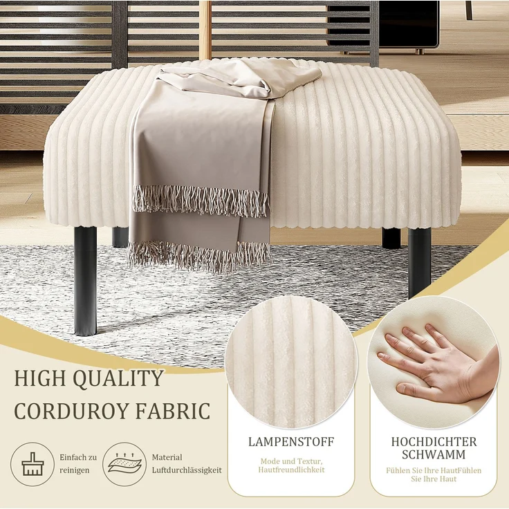 DESVIAE Hocker mit Cordbezug und Metallgestell 56x51x39 cm Beige – Bild 4
