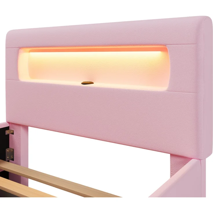 Gepolstertes Plattformbett 90x200 cm mit Treppe, Schubladen, LED-Lichtleisten, USB und Aufbewahrungstaschen, Rosa – Bild 6