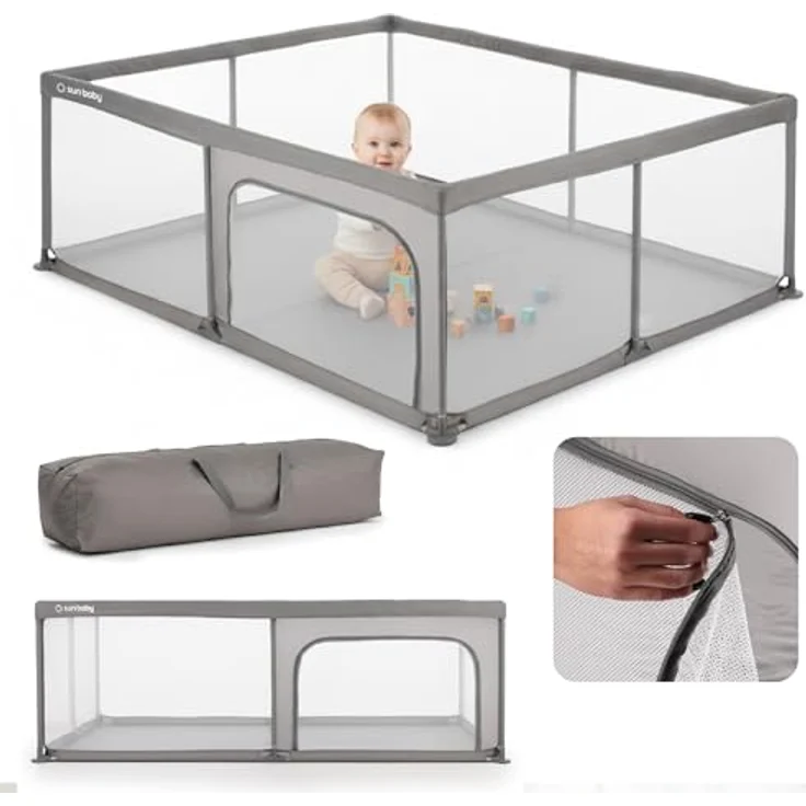 sun baby Laufstall 150x200 cm 0-2 Jahre Grau, Polyester, Netzwände, Eingang mit Reißverschluss, rutschfeste Füße, Tragetasche im Set, Metallrahmen – Bild 8