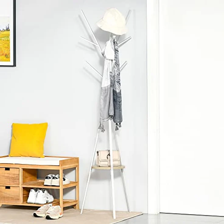 HOMCOM Garderobenständer Kleiderständer mit 8 Hake, (Garderobe mit Ablage, 1 St, Kleidungsständer), Metall, Weiß, 45 x 45 x 180 cm – Bild 3