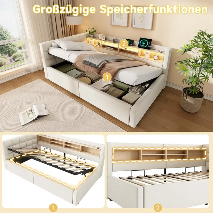 Polsterbett mit LED-Streifen, Lattenrost, Regal, Aufbewahrung, Type-C und USB, gepolsterter Kopfteil, 90x200 cm, Schlafsofa, Tagesbett, Leinen – Bild 4