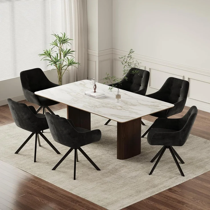 COLAMY Drehbare Esszimmerstühle 6er Set, Esszimmerstühle Drehbar mit Armlehne, Armlehnstuhl Drehbar mit Rückenlehne für Esszimmer, Stühle aus Weichem Florstoff mit Metallgestell für Küche, Schwarz – Bild 1