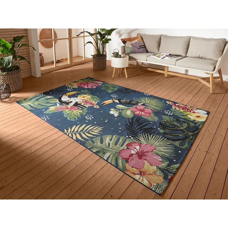 Hanse Home Tropical Dream In- & Outdoor Teppich – Flachgewebe Tropical Jungel Florales Palmen Design, ÖKO-TEX Wetterfest & UV-beständig für Balkon, Terrasse, Garten – Blau Multifarben, 200x285 cm
