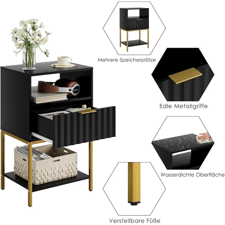 HEYZOEY Nachttisch 3-Tier Schwarz Goldrahmen Endtisch Fernsehtisch – Bild 7