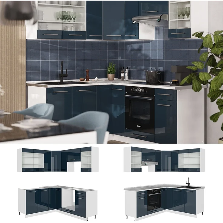 Eckküche Fame-Line Dunkelblau Hochglanz/Weiß 190 x 60 cm , AP Anthrazit Vicco – Bild 2