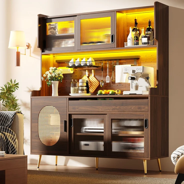 EINHOM Seitenboard / Aufbewahrungsschrank / Küchenschrank / Buffetschrank, 145 x 39 x 171 cm, Landhausstil, 5 Türen, mit LED-Lichtleiste & Ordnungslockplatte, Fluted Glas Türen, Braun/Schwarz, Braun – Bild 5