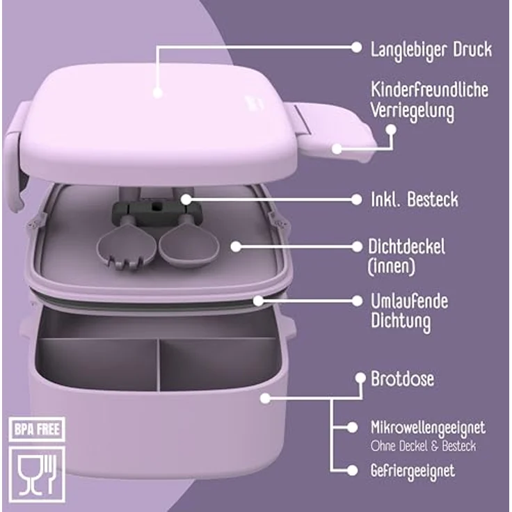 BEARFOOT Lunchbox Brotdose Kinder mit Fächern, leicht & auslaufsicher - lila, Kindergarten und Schule - Mädchen und Jungen, Vesperbox, Snackbox – Bild 5