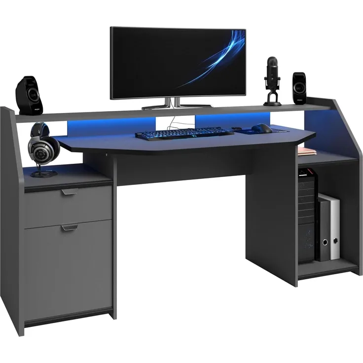 Gamer-Tisch 'Ace' grau/schwarz 180 x 92 x 68 mit LED