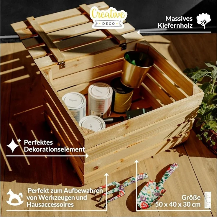 Creative Deco Aufbewahrungsbox Holztruhe Holzkiste mit Deckel Spielzeugkiste Holzbox, mit Scharnieren – Bild 3