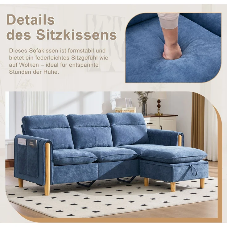 EINHOM Dreisitzige Sofagarnitur im nordischen Stil mit Aufbewahrungshocker, L-förmiges Stoffsofa mit Seitentaschen und Tischbeinen aus Holz, ideal für Wohnzimmer und kleine Räume (Blauer Chenille) – Bild 3