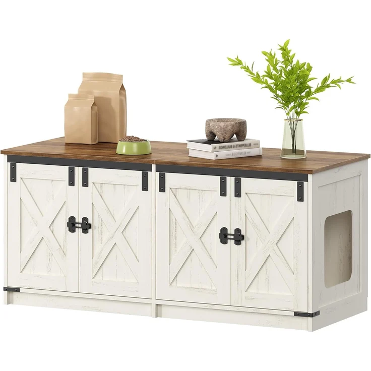 Katzenschrank, Katzenklo Schrank für 2 Katzen, Versteckter Katzentoilettenschrank, Katzenhaus für den Innenbereich, Bauernhausstil, 119 x 48 x 53,5 cm, Braun und Weiß – Bild 2