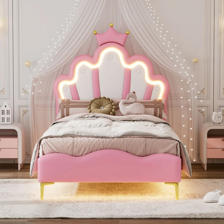90*200cm Flaches Doppelbett, kronenförmiges Prinzessinnenbett, weiche Polsterung aus PU-Leder, verstellbarer LED-Umgebungslichtstreifen, Rosa – Bild 1
