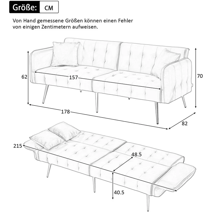 Sofabett 2-in-1 Samt,Zweisitzer mit verstellbarer Rückenlehne & Armlehnen, zum Gästebet,Weiß – Bild 10