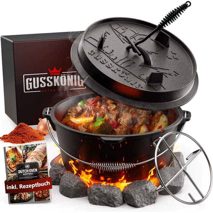 Dutch Oven 4,5 L ohne Füße eingebrannt inkl. Deckelheber Edelstahl-Untersetzer Rezeptbuch Gusseisen – Bild 1