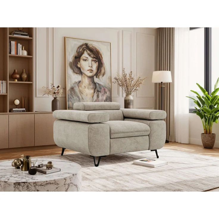 Einzelsessel, Polstersessel PETER mit verstellbaren Armlehnen und Kopfstütze, 1-Sitzer Sofa, Ohrensessel, Wellenfeder - Beige Struktur – Bild 1