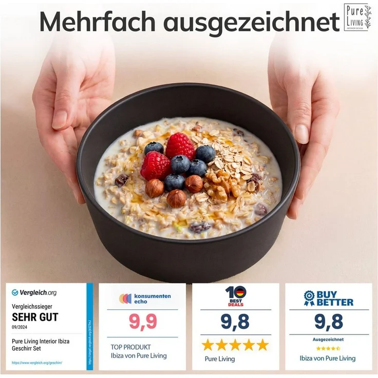 PURE LIVING INTERIOR DESIGN Geschirr-Set Manhattan, 6er-Set Müslischalen, 16 cm, Riffelstruktur, Schwarz (1-tlg), 6 Personen, Steingut, Spülmaschinenfest, mikrowellengeeignet, Suppe, Salat und Dessert – Bild 3