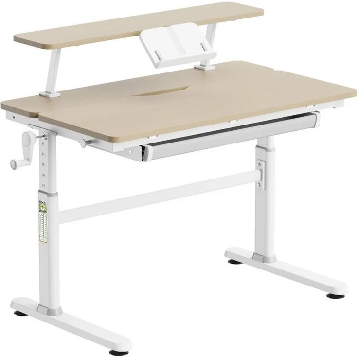 HOKO Kinderschreibtisch höhenverstellbar für Kinder ab 6 Jahren (Schreibtisch-Set, mit 90x20 cm Aufsatz, Buchstütze, 1 Schublade, Haken und Handkurbel), 100x60 cm Fläche, Klemmmontage ohne Bohren, Holzoptik, LUKA & ALVO – Bild 1