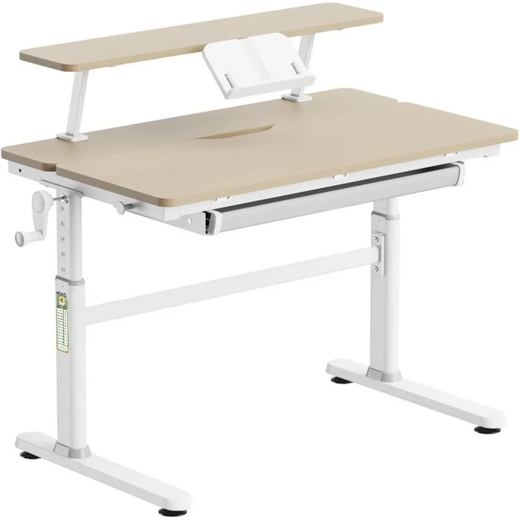 HOKO Kinderschreibtisch höhenverstellbar für Kinder ab 6 Jahren (Schreibtisch-Set, mit 90x20 cm Aufsatz, Buchstütze, 1 Schublade, Haken und Handkurbel), 100x60 cm Fläche, Klemmmontage ohne Bohren, Holzoptik, LUKA & ALVO