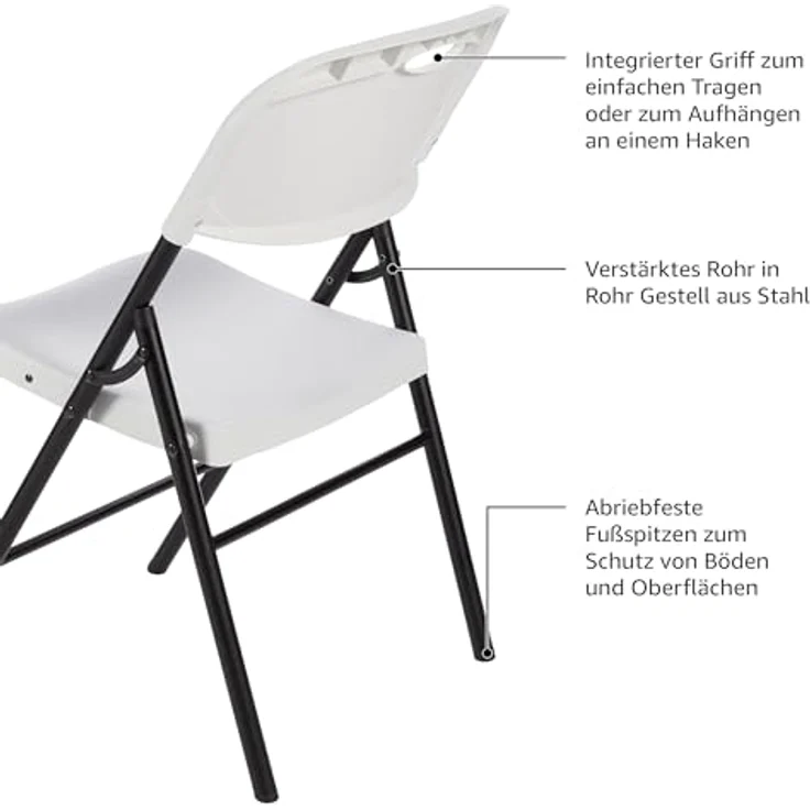 Amazon Basics Klappbarer Kunststoff-Stuhl, 157,5 kg Tragkraft, Weiß, 4er-Set – Bild 6