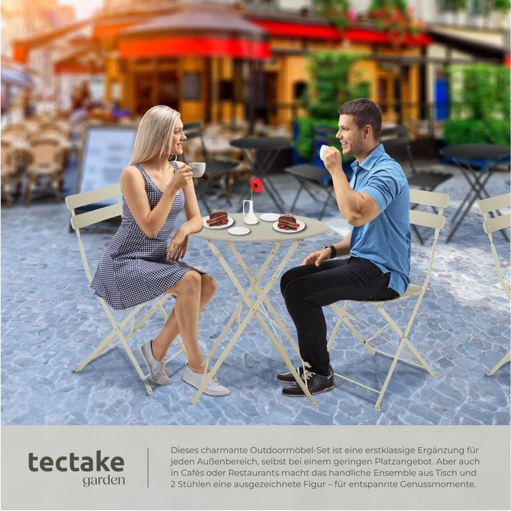 tectake Essgruppe Bistrotisch Set für 2 Personen, Belastbarkeit Stuhl 120 kg, (Bistrotisch Frieda, 3-tlg, in creme), klappbar, widerstandsfähig, UV-beständig – Bild 4