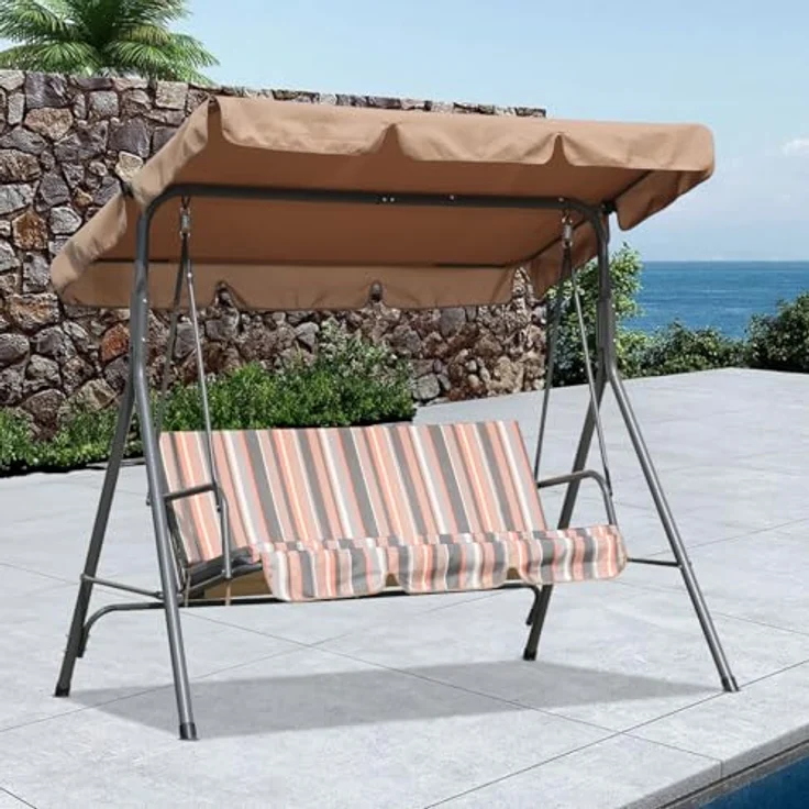 Angel Living Hollywoodschaukel Gartenschaukel 3 Sitzer, 3,00-Sitzer, Relaxfunktion, Verstellbarem Sonnendach und Abnehmbarem Kissen, 173cm x 110cm x 151cm – Bild 7