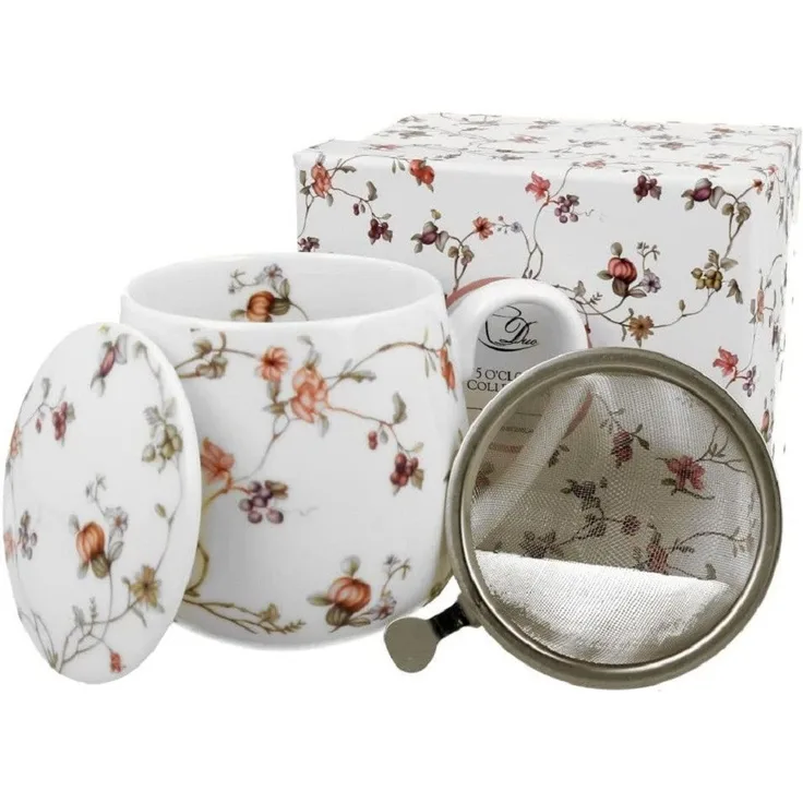 DUO FLORAL Fassbecher 430 ml SAFA mit Teesieb, New Bone China Porzellan
