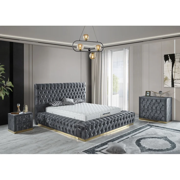 Schlafzimmer-Set "Liora" – Bett mit Bettkasten und Matratze, Nachttisch, Kommode-Anthrazit – Bild 2