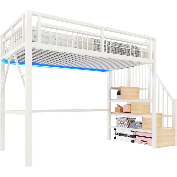 Hochbett, 90 x 200 cm, Eisenrahmen, mit LED-Lichtleiste, Treppenkonstruktionen mit Stauraum, Freier Raum zum Verkleiden nach, Ohne Matratze, Weiß – Bild 6