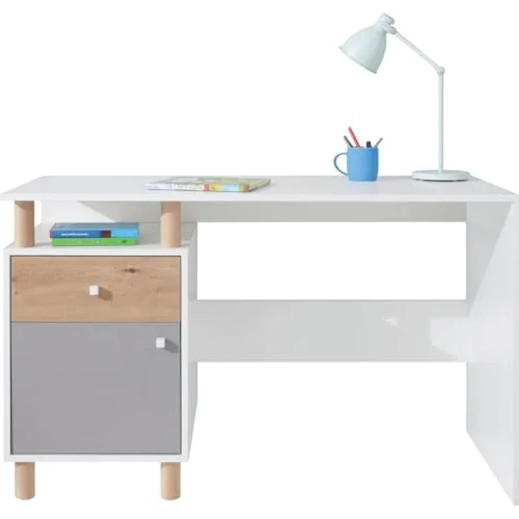 Jugendzimmer Farin in Weiß, Eiche Artisan & Grau – Modern mit Massivholz-Füßen, in verschiedenen Set-Varianten oder als Einzelmöbel für Kinder & Jugendliche - 7 teilig , Eckkleiderschrank · Standregal mit Türen · Standregal mit Schubkästen · Schreibtis... – Bild 6