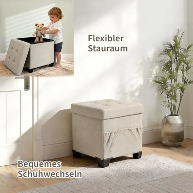 Zedelmaier Sitzhocker mit Stauraum, Hocker mit Beinen, Aufbewahrungsbox mit Deckel,Fußhocker, bis 150 kg belastbar, für Eingang, Wohnzimmer, Schlafzimmer (Beige) – Bild 5