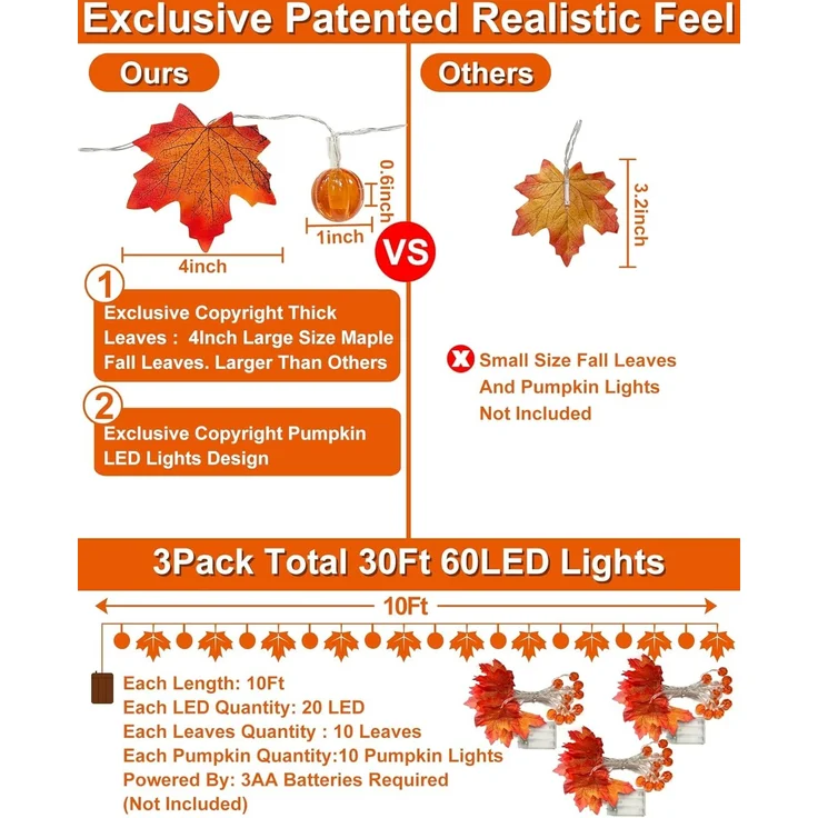 ABC LED-Lichterkette mit Kürbis- und Ahornblattmotiv, 9 m, 3-teilig – Bild 2