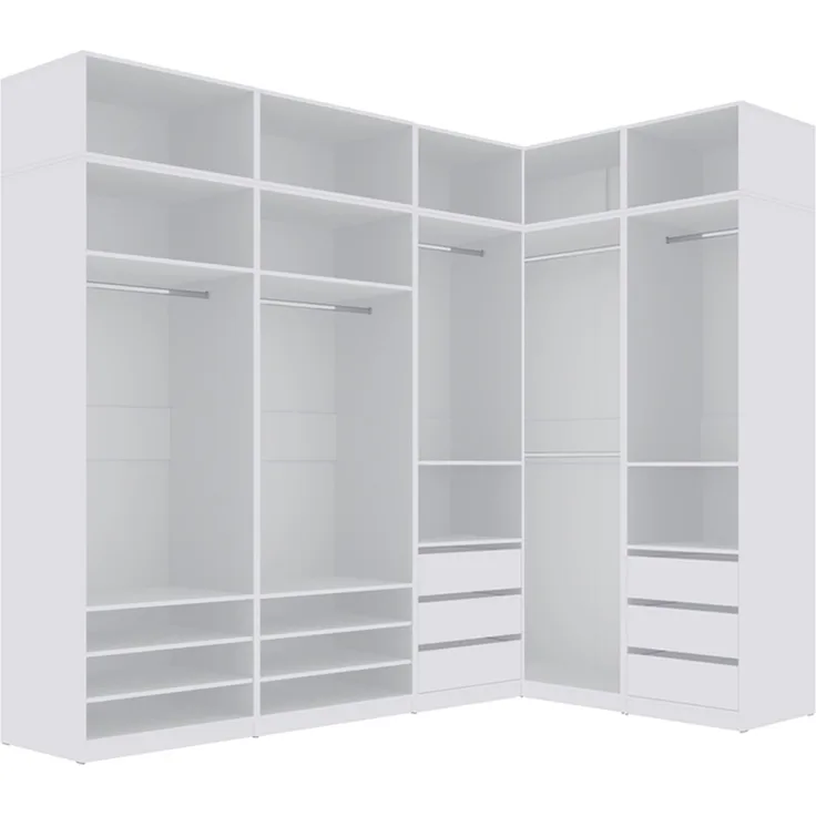 Marmex Möbel Tres Set-S/N (B) großer Eckkleiderschrank, Begehbarer Kleiderschrank offen mit Aufsatz, modularer Kleiderschrank mit Kleiderstangen, Einlegeböden für Kleidung, Schuhe, laminierte Spanplatte, weiß 271/160x246x51 cm