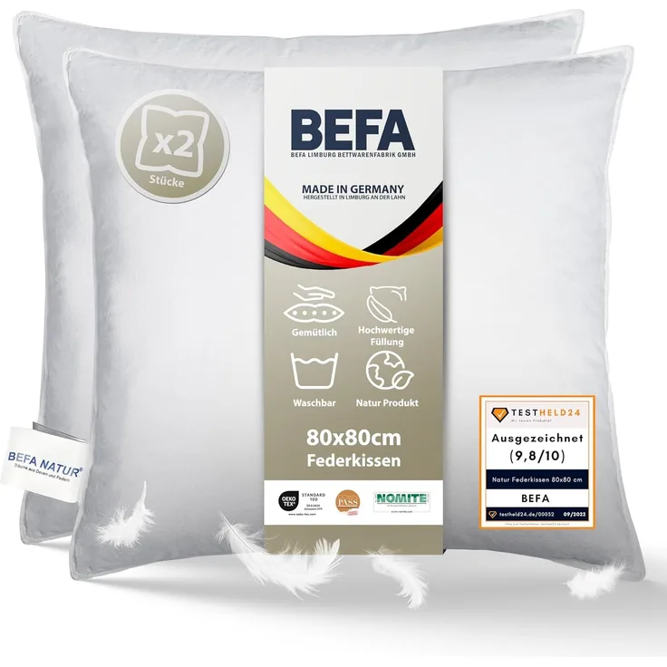 Befa Natur Federkopfkissen, Allergiker geeignet, Baumwolle, 80x80 cm