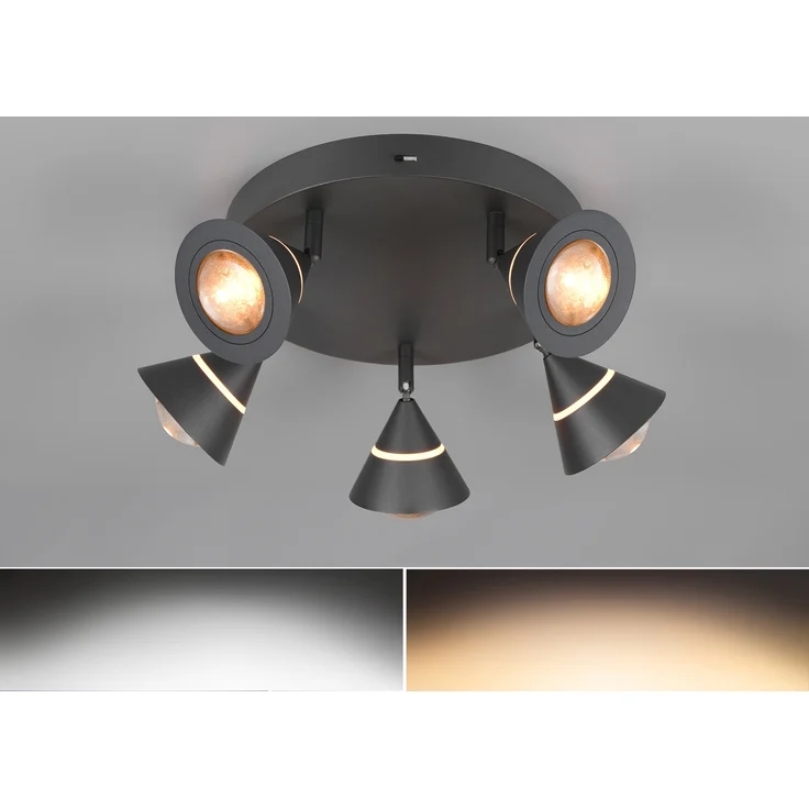 Moderner LED Deckenstrahler ROMEO mit 5 schwenkbaren Spots Schwarz Ø 30cm – Bild 3