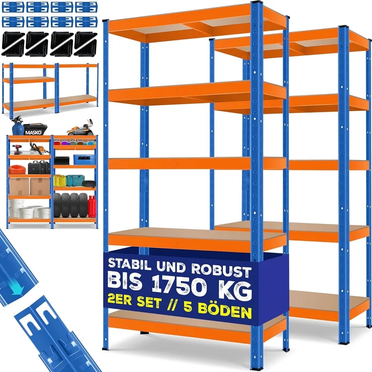 Masko 2er-Set Lagerregal Schwerlastregal, 5 verstellbare Ablagen, Metall orange / blau, 180 x 90 x 40 cm – Bild 1