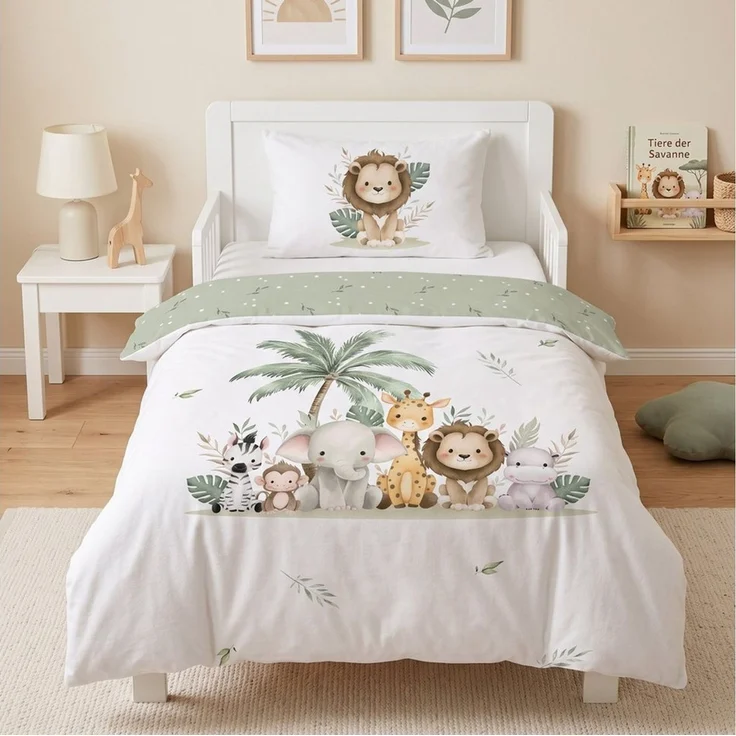 MTOnlinehandel Babybettwäsche Safari 100x135 cm Flanell, Löwe, Elefant & Freunde, 100% Baumwolle, 2 teilig, Kuschelige Kinderbettwäsche mit Safari-Tieren – Bild 1