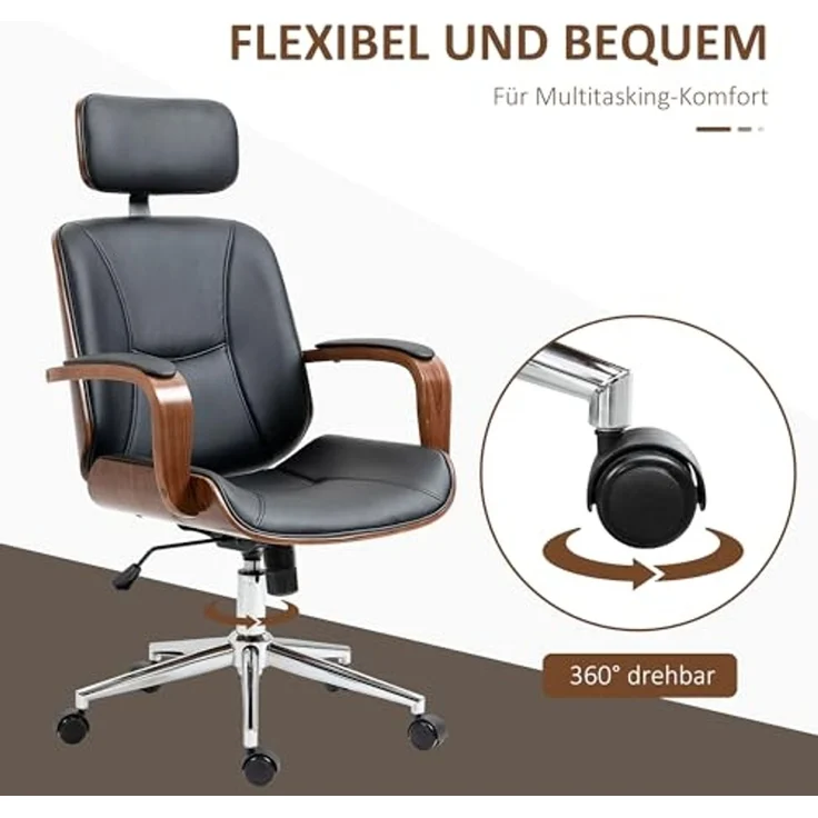 Vinsetto Bürostuhl mit Hoher Rückenlehne, Abnehmbarer Kopfstütze (Höhenverstellbarer Drehstuhl, 1 St), mit Wippfunktion aus Kunstleder für Home-Office Schwarz – Bild 6