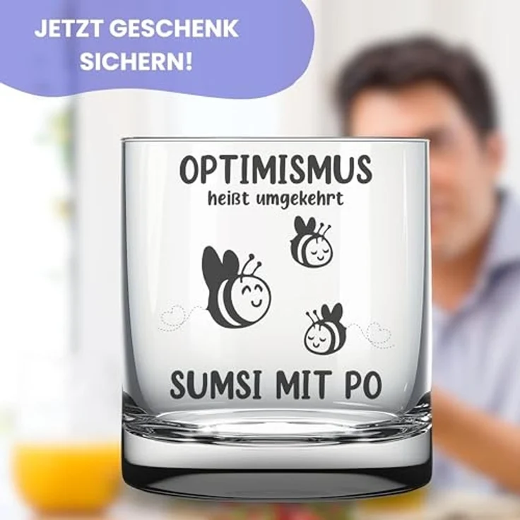 Lasernauten Whiskyglas Glas mit Gravur "Optimismus - Sumsi mit Po" lustiges Geschenk Bienchen, mit Gravur – Bild 2
