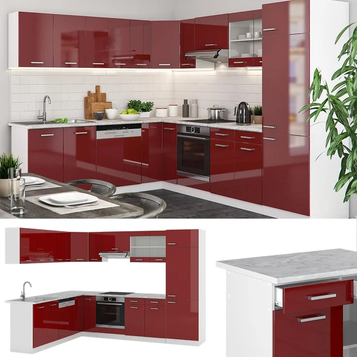 Eckküche R-Line Rot Hochglanz/Weiß 287 x 60 cm , AP Marmor Vicco – Bild 2