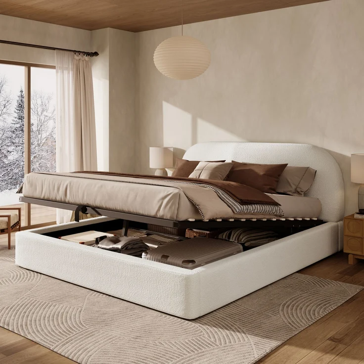 Polsterbett,Doppelbett,160 x 200cm, hydraulisches Funktionsbett,Bett mit Lattenrost, Kopfteil und großem Stauraum, gepolstertes Kopfteil, Beige Bouclé – Bild 2