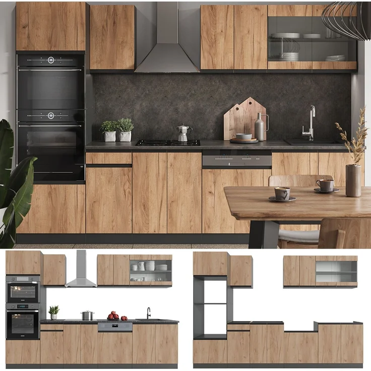Küchenzeile R-Line Goldkraft Eiche/Anthrazit 300 cm J-Shape mit Hochschrank, AP Anthrazit Vicco – Bild 6