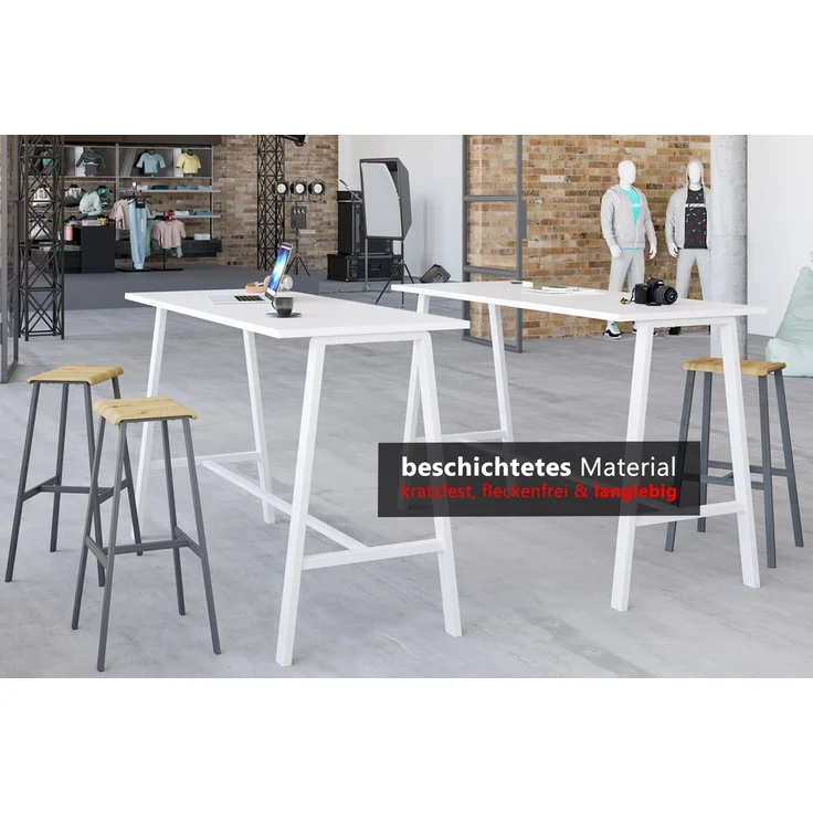bümö Meetingpoint Industrial Look, Bistrotisch eckig 175 x 68 cm, Stehtisch Holz-Platte, Bartisch Weiß, Gestell aus Metall natur, Buffettisch, Partytisch, Thekentisch, Hochtisch, Barmöbel, MPA17-W-T – Bild 3