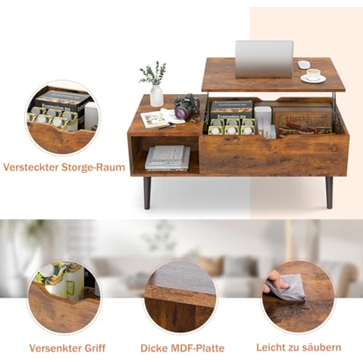 Sweetcrispy Couchtisch Höhenverstellbar, Tisch Wohnzimmertisch, offener und versteckter Stauraum Couchtisch, Sofatisch Beistelltisch, 100x50 cm Sofatisch aus Holz für Wohnzimmer, Braun – Bild 8
