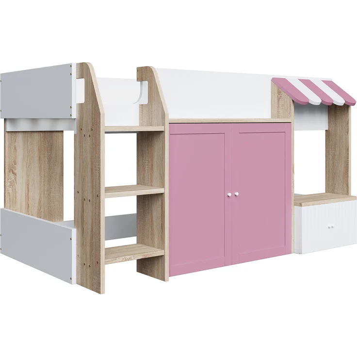 Kinder Hochbett 90x200 niedrig mit Haus-Design - Spielbett mit zweiter Liegefläche, Stauraum, breiter Leiter, weiß & Rosa – Bild 9