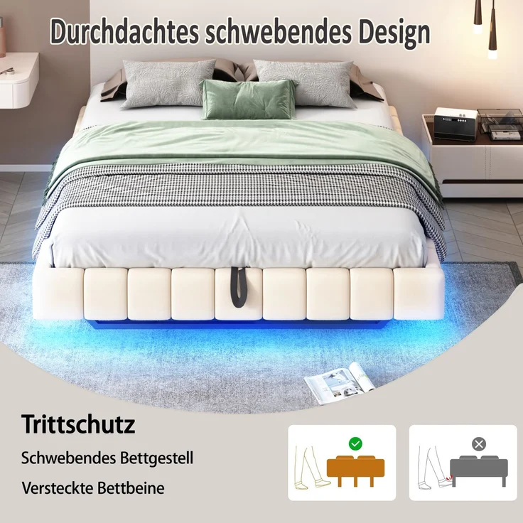 Polsterbett 180x200 cm, Hydraulischer Schwebebettrahmen mit Stauraum, Multifunktionales Polsterbett ohne Kopfteil mit LED-Licht, Leinen Beige – Bild 3
